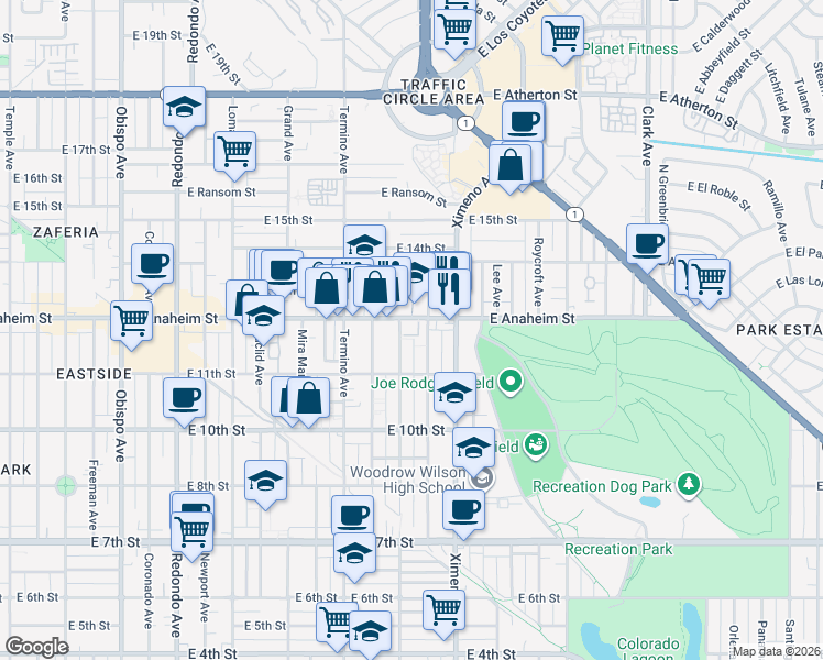 map of restaurants, bars, coffee shops, grocery stores, and more near 4200 East Anaheim Street in Long Beach