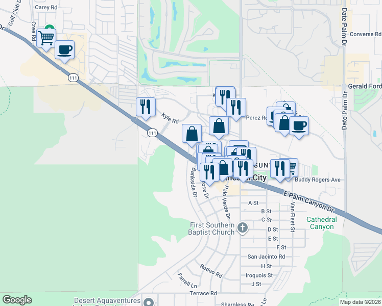 map of restaurants, bars, coffee shops, grocery stores, and more near 68280 East Palm Canyon Drive in Cathedral City