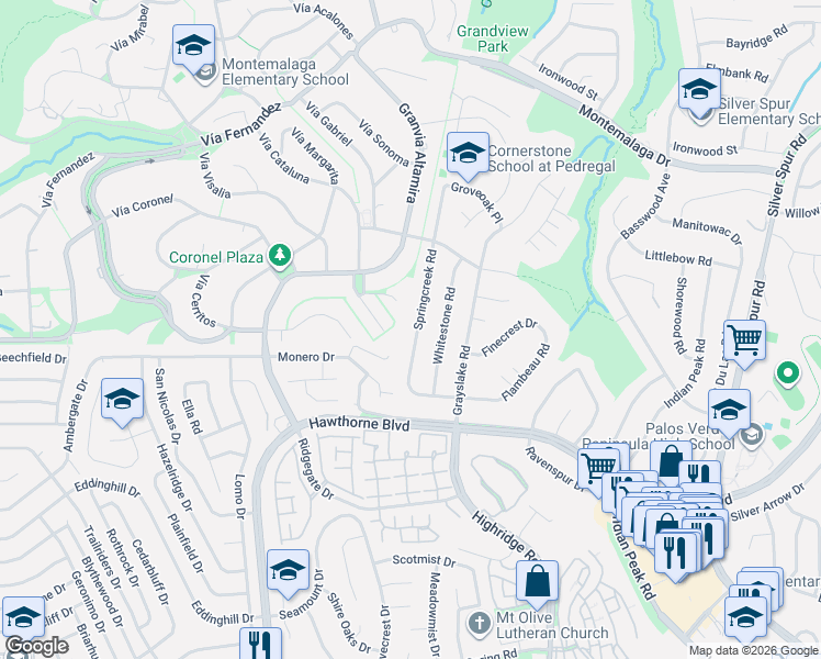 map of restaurants, bars, coffee shops, grocery stores, and more near 27045 Springcreek Road in Rancho Palos Verdes