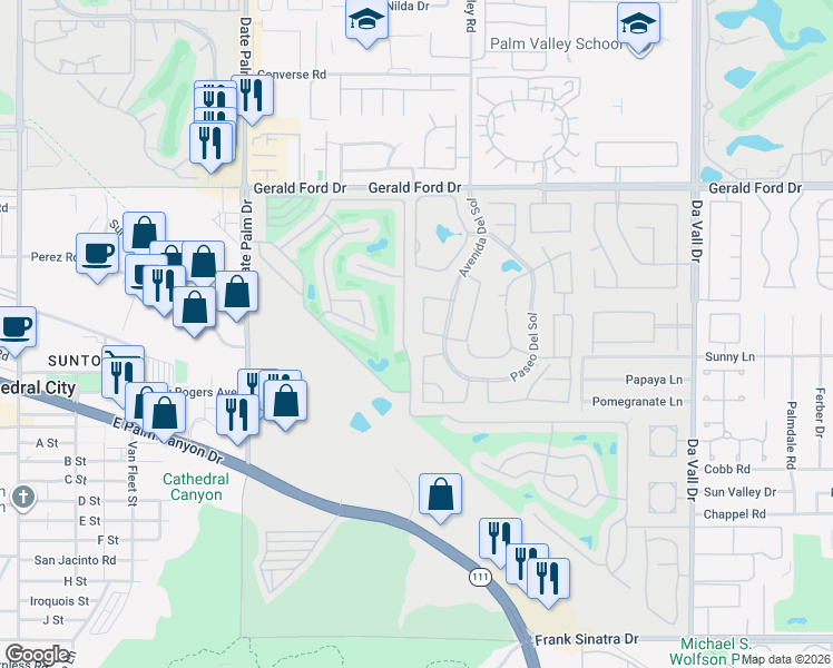 map of restaurants, bars, coffee shops, grocery stores, and more near 36679 Las Begonias in Cathedral City