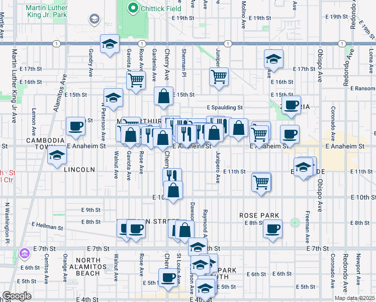 map of restaurants, bars, coffee shops, grocery stores, and more near 1130 Dawson Avenue in Long Beach