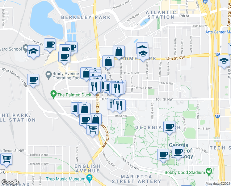 map of restaurants, bars, coffee shops, grocery stores, and more near 1008 Hemphill Avenue Northwest in Atlanta
