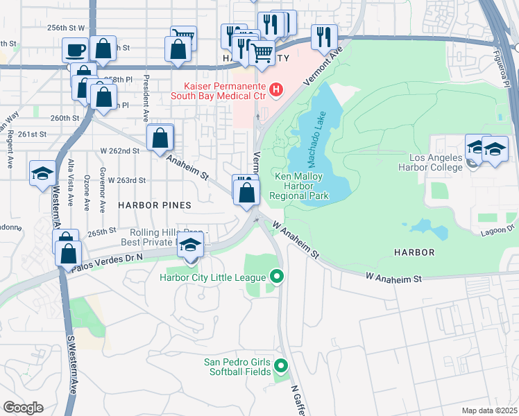 map of restaurants, bars, coffee shops, grocery stores, and more near 26404 Vermont Avenue in Los Angeles