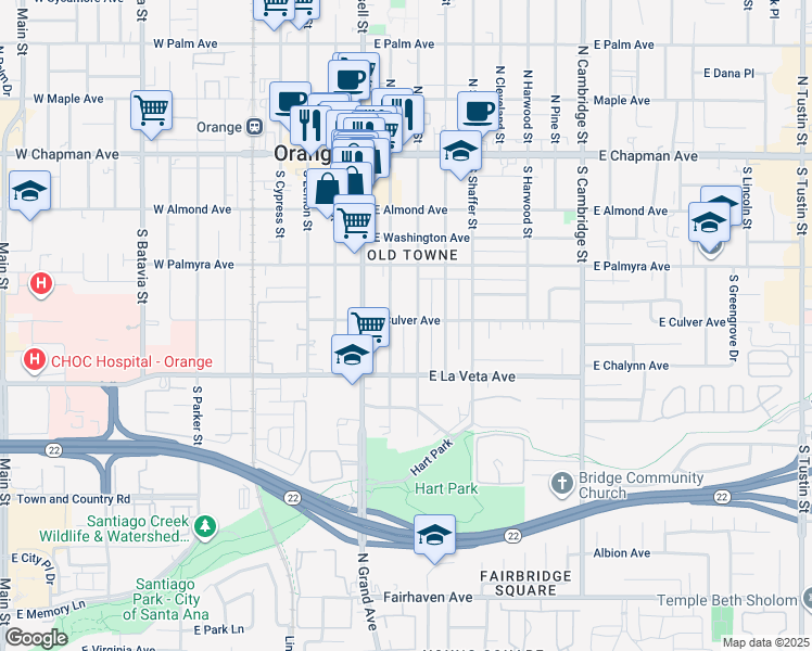 map of restaurants, bars, coffee shops, grocery stores, and more near 228 East Culver Avenue in Orange