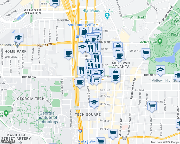 map of restaurants, bars, coffee shops, grocery stores, and more near 1032 West Peachtree Street Northwest in Atlanta