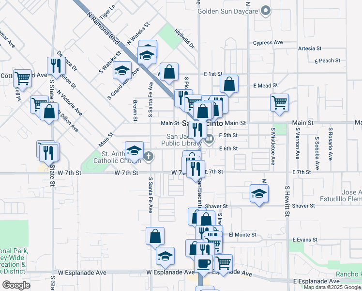 map of restaurants, bars, coffee shops, grocery stores, and more near 255 West 6th Street in San Jacinto