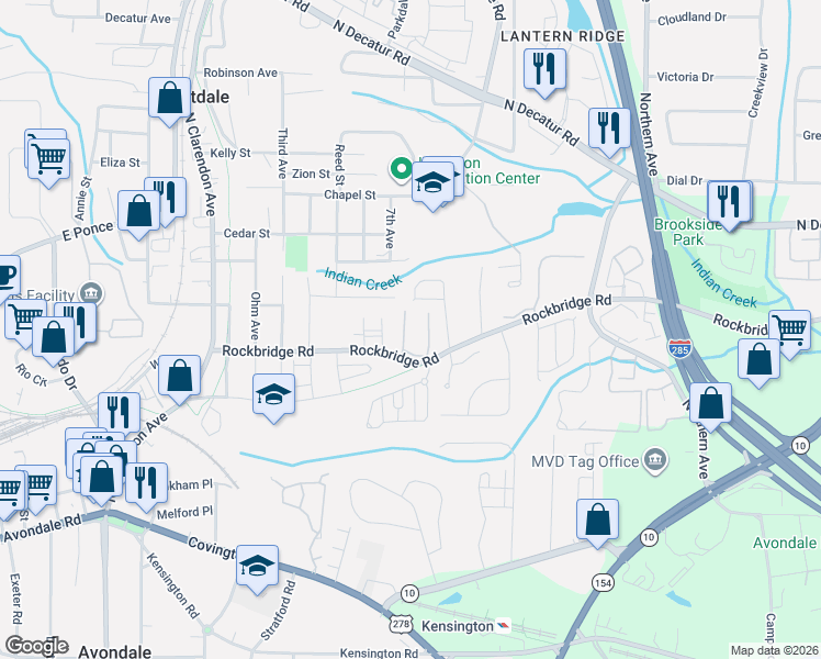 map of restaurants, bars, coffee shops, grocery stores, and more near 561 Cobblestone Trail in Avondale Estates