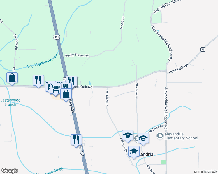 map of restaurants, bars, coffee shops, grocery stores, and more near 319 Post Oak Road in Alexandria