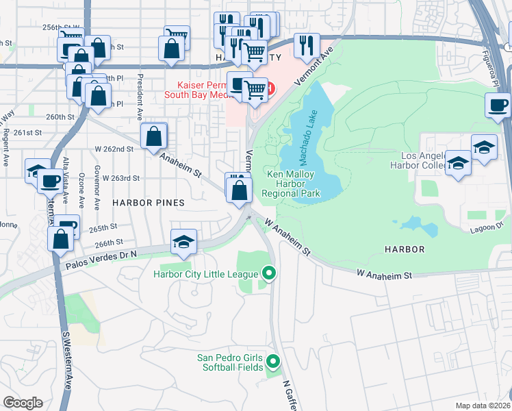 map of restaurants, bars, coffee shops, grocery stores, and more near 26404 Vermont Avenue in Los Angeles