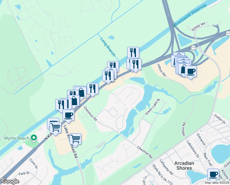 map of restaurants, bars, coffee shops, grocery stores, and more near 9906 North Kings Highway in Myrtle Beach