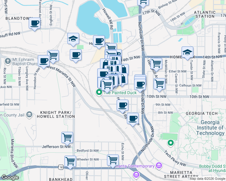 map of restaurants, bars, coffee shops, grocery stores, and more near 1016 Howell Mill Road in Atlanta