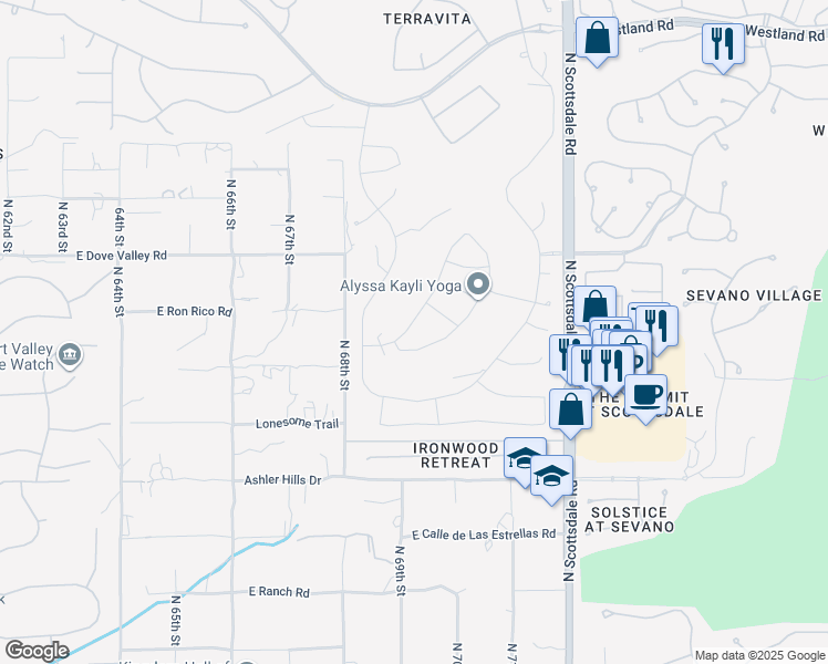 map of restaurants, bars, coffee shops, grocery stores, and more near 6915 East Bramble Berry Lane in Scottsdale
