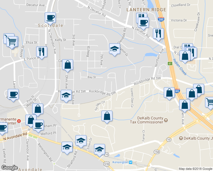 map of restaurants, bars, coffee shops, grocery stores, and more near 561 Cobblestone Trail in Avondale Estates
