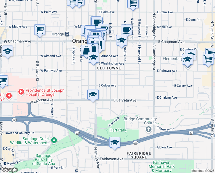 map of restaurants, bars, coffee shops, grocery stores, and more near 228 East Culver Avenue in Orange