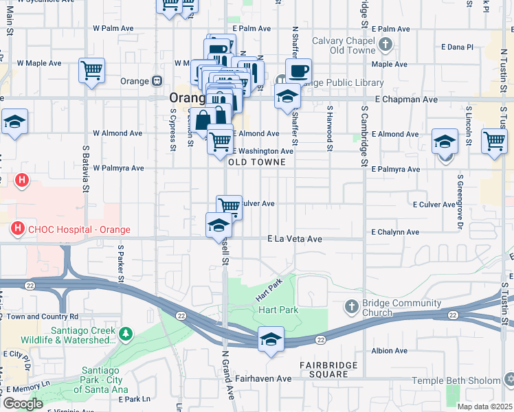 map of restaurants, bars, coffee shops, grocery stores, and more near 404 South Grand Street in Orange
