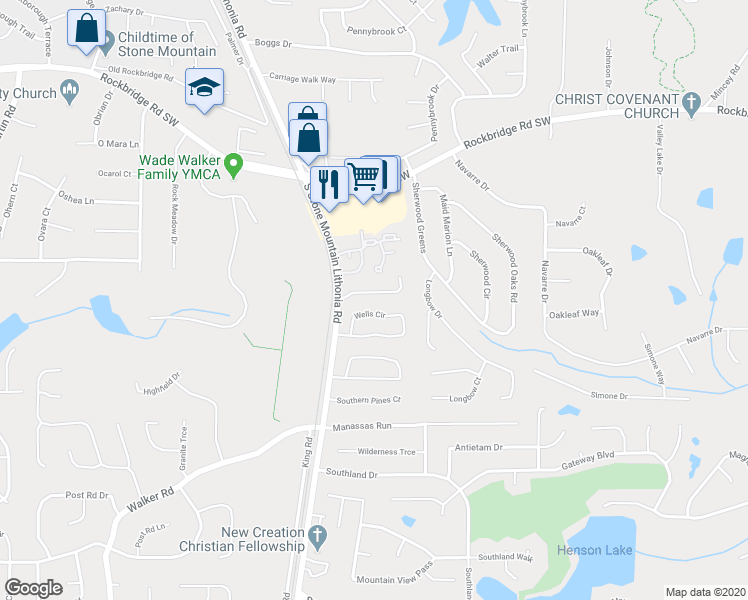 map of restaurants, bars, coffee shops, grocery stores, and more near 5609 Stonington Trace Parkway in Stone Mountain