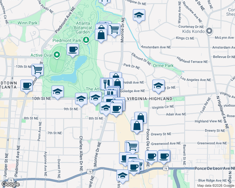 map of restaurants, bars, coffee shops, grocery stores, and more near 608 Cooledge Avenue Northeast in Atlanta