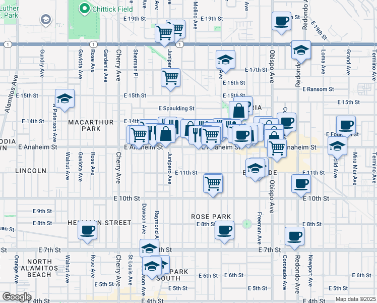 map of restaurants, bars, coffee shops, grocery stores, and more near 2601 East Anaheim Street in Long Beach