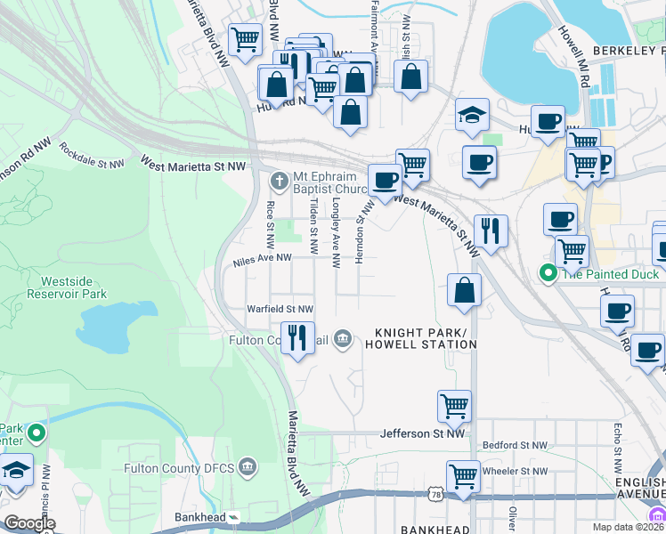 map of restaurants, bars, coffee shops, grocery stores, and more near 1000 Longley Avenue Northwest in Atlanta