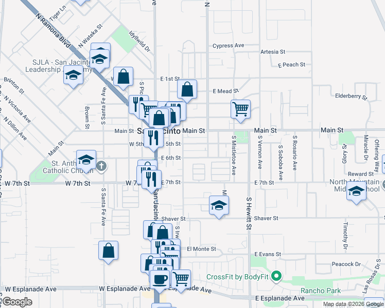 map of restaurants, bars, coffee shops, grocery stores, and more near 339 East 6th Street in San Jacinto