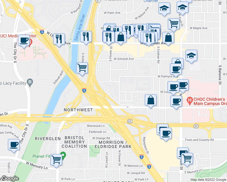 map of restaurants, bars, coffee shops, grocery stores, and more near 400 South Flower Street in Orange