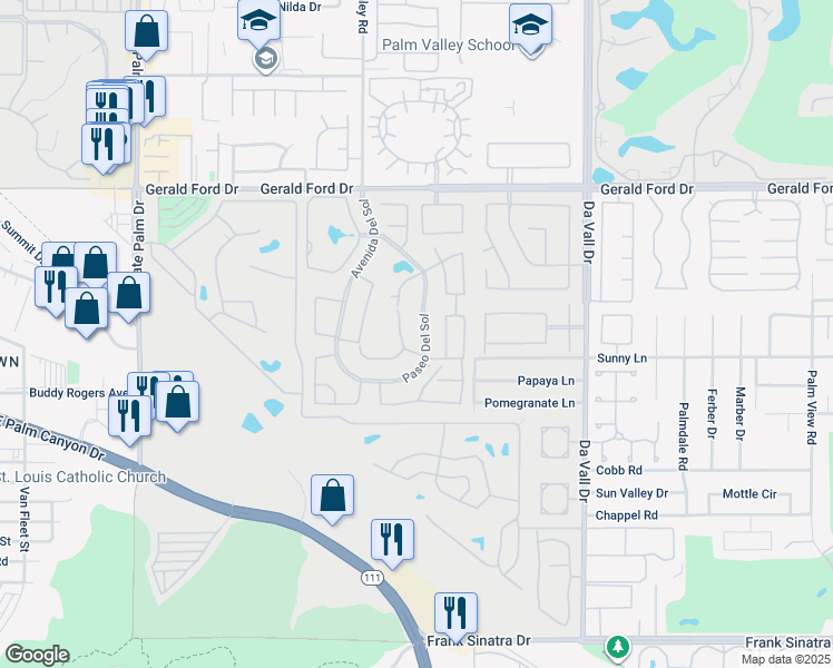 map of restaurants, bars, coffee shops, grocery stores, and more near 36561 Paseo Del Sol in Cathedral City