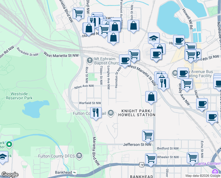 map of restaurants, bars, coffee shops, grocery stores, and more near 1026 Herndon Street Northwest in Atlanta