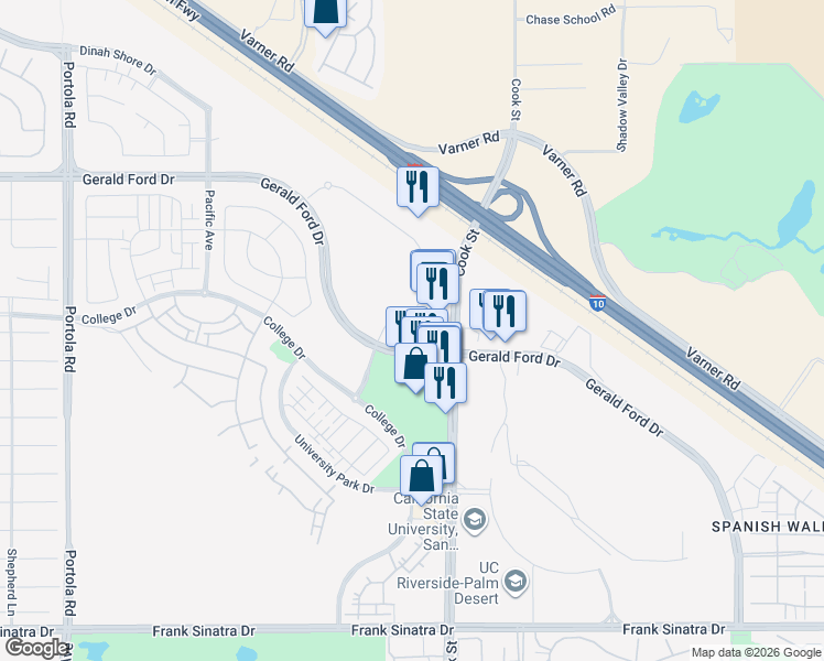 map of restaurants, bars, coffee shops, grocery stores, and more near 74900 Gerald Ford Drive in Palm Desert