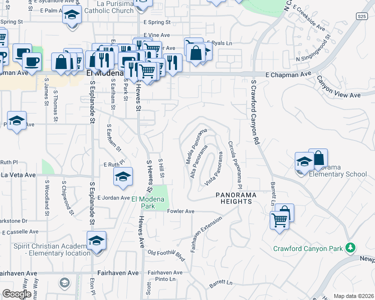 map of restaurants, bars, coffee shops, grocery stores, and more near 12272 Media Panorama in Santa Ana
