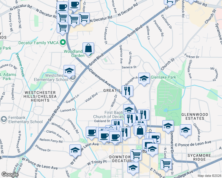 map of restaurants, bars, coffee shops, grocery stores, and more near 618 Clairemont Avenue in Decatur