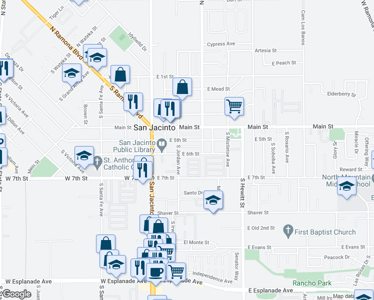 map of restaurants, bars, coffee shops, grocery stores, and more near 339 East 6th Street in San Jacinto