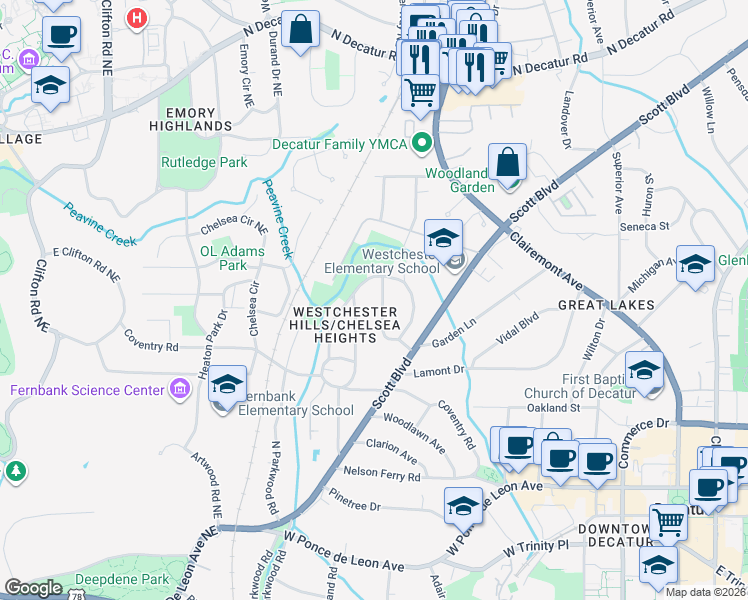 map of restaurants, bars, coffee shops, grocery stores, and more near 152 Ridley Cir in Decatur