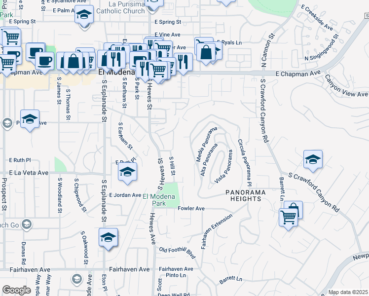 map of restaurants, bars, coffee shops, grocery stores, and more near 12298 Circula Panorama Place in Santa Ana