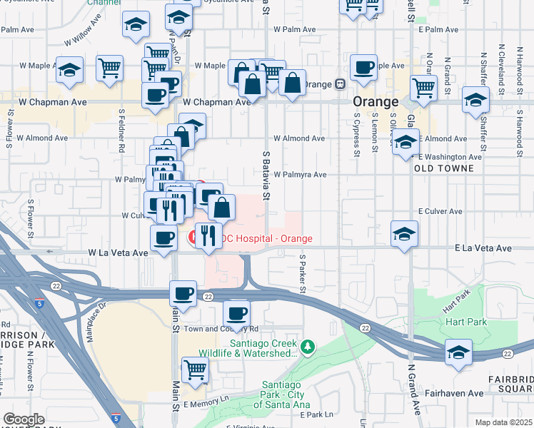 map of restaurants, bars, coffee shops, grocery stores, and more near 440 South Batavia Street in Orange
