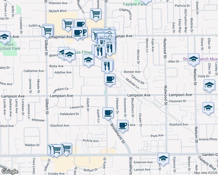 map of restaurants, bars, coffee shops, grocery stores, and more near 12364 Brookhurst Street in Garden Grove