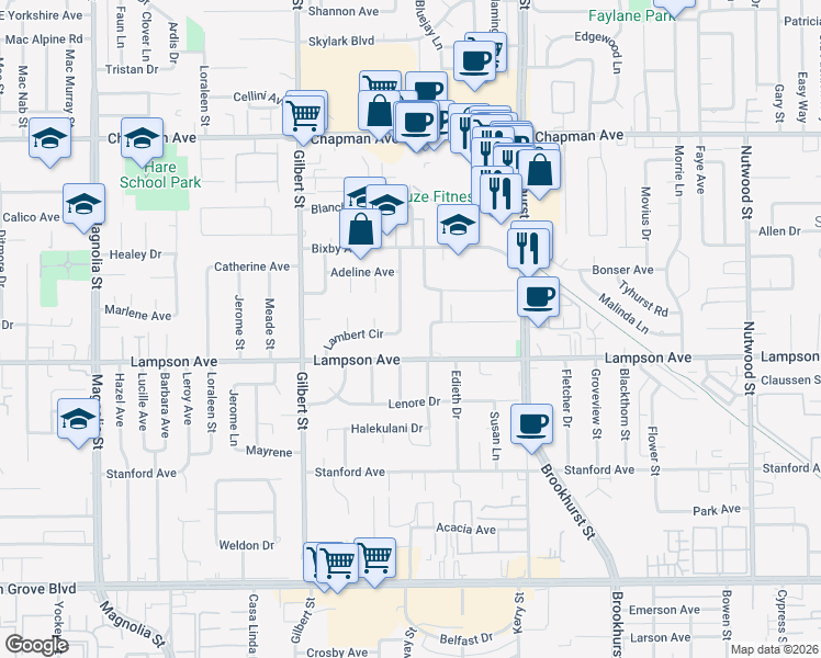 map of restaurants, bars, coffee shops, grocery stores, and more near 12372 Lambert Circle in Garden Grove