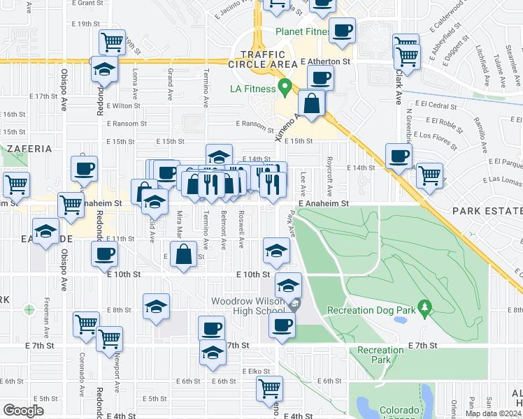 map of restaurants, bars, coffee shops, grocery stores, and more near 4235 East Anaheim Street in Long Beach