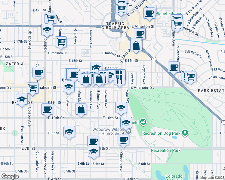 map of restaurants, bars, coffee shops, grocery stores, and more near 4235 East Anaheim Street in Long Beach