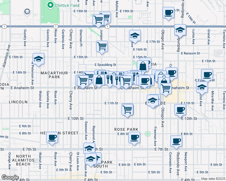 map of restaurants, bars, coffee shops, grocery stores, and more near 2601 East Anaheim Street in Long Beach
