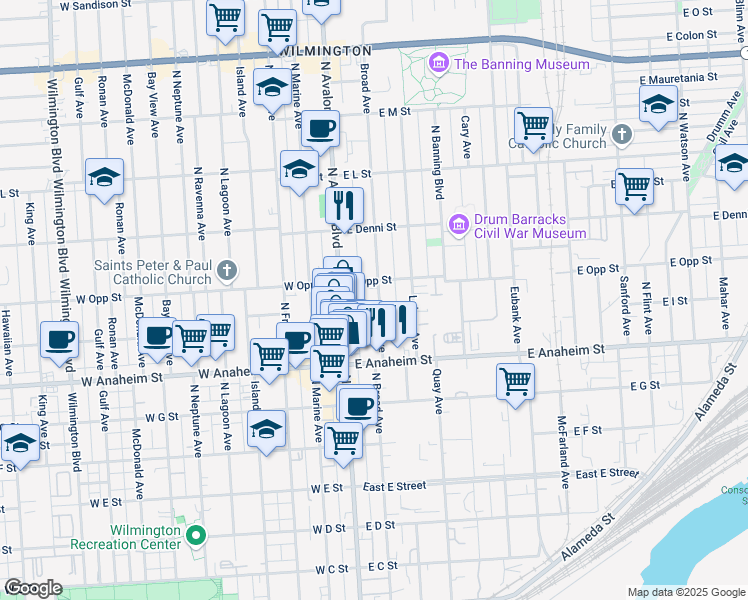 map of restaurants, bars, coffee shops, grocery stores, and more near 130 East Opp Street in Los Angeles