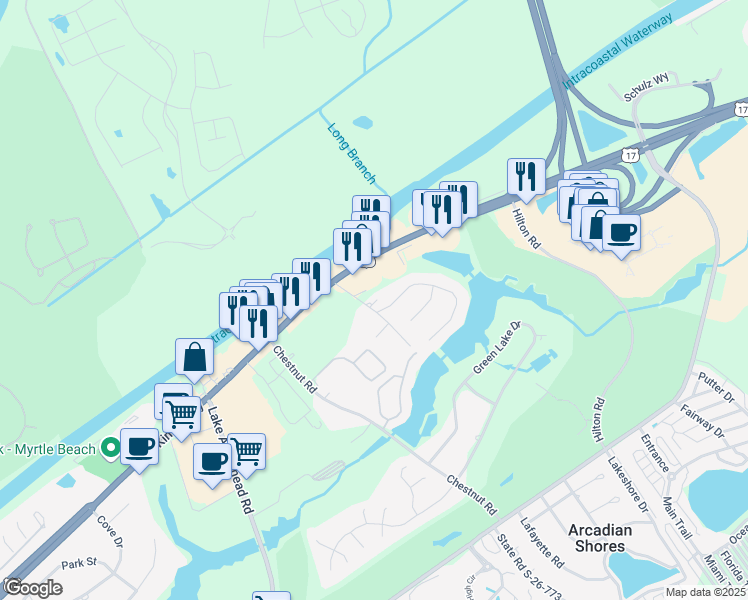 map of restaurants, bars, coffee shops, grocery stores, and more near 9906 North Kings Highway in Myrtle Beach