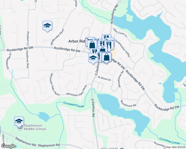 map of restaurants, bars, coffee shops, grocery stores, and more near 6975 Watkins Glen Road in Stone Mountain