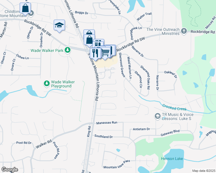 map of restaurants, bars, coffee shops, grocery stores, and more near 5607 Stonington Trace Parkway in Stone Mountain