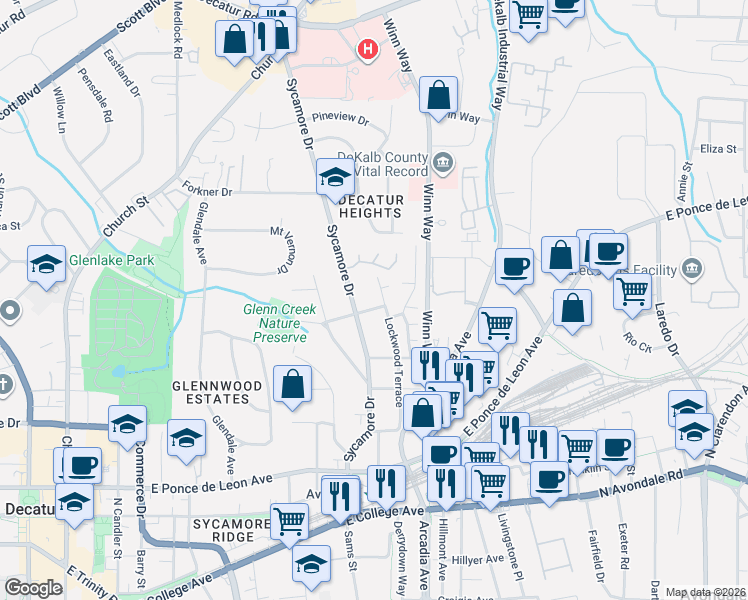 map of restaurants, bars, coffee shops, grocery stores, and more near 428 Lockwood Terrace in Decatur