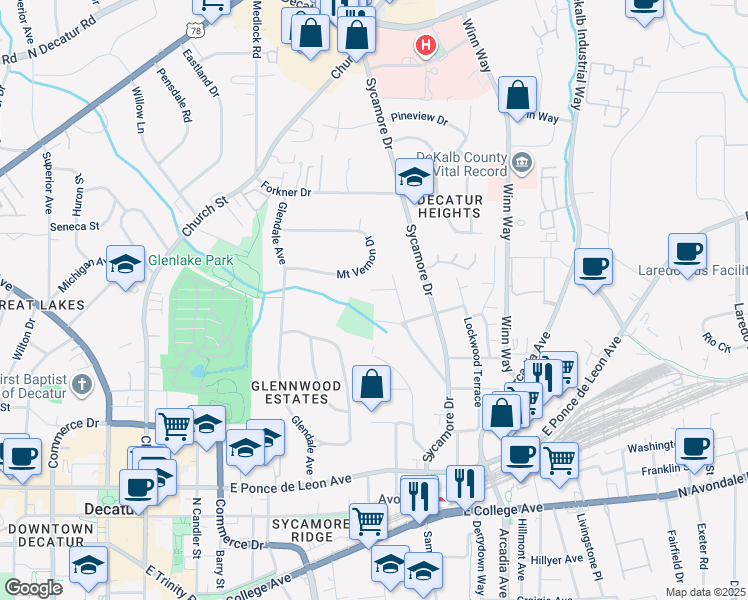 map of restaurants, bars, coffee shops, grocery stores, and more near 163 Mount Vernon Drive in Decatur
