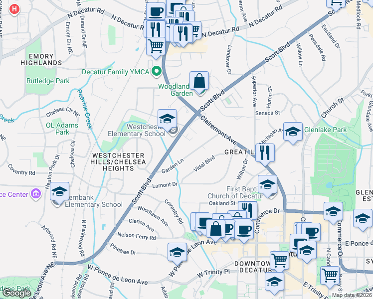 map of restaurants, bars, coffee shops, grocery stores, and more near 767 Scott Boulevard in Decatur