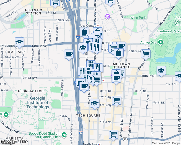 map of restaurants, bars, coffee shops, grocery stores, and more near 1032 West Peachtree Street Northwest in Atlanta