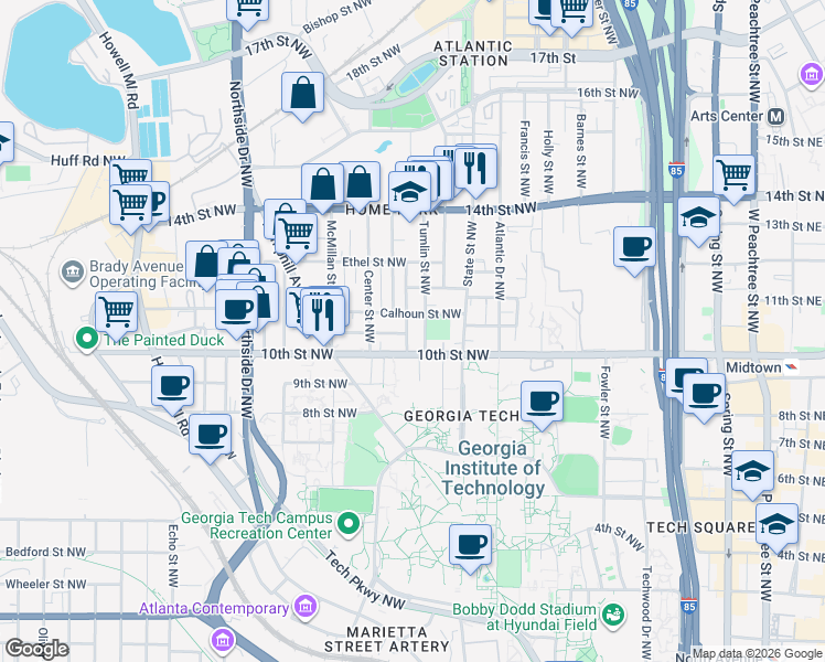 map of restaurants, bars, coffee shops, grocery stores, and more near 1033 Tumlin Street Northwest in Atlanta