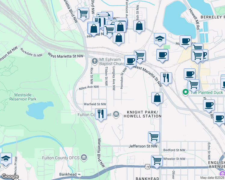 map of restaurants, bars, coffee shops, grocery stores, and more near 1017 Tilden Street Northwest in Atlanta