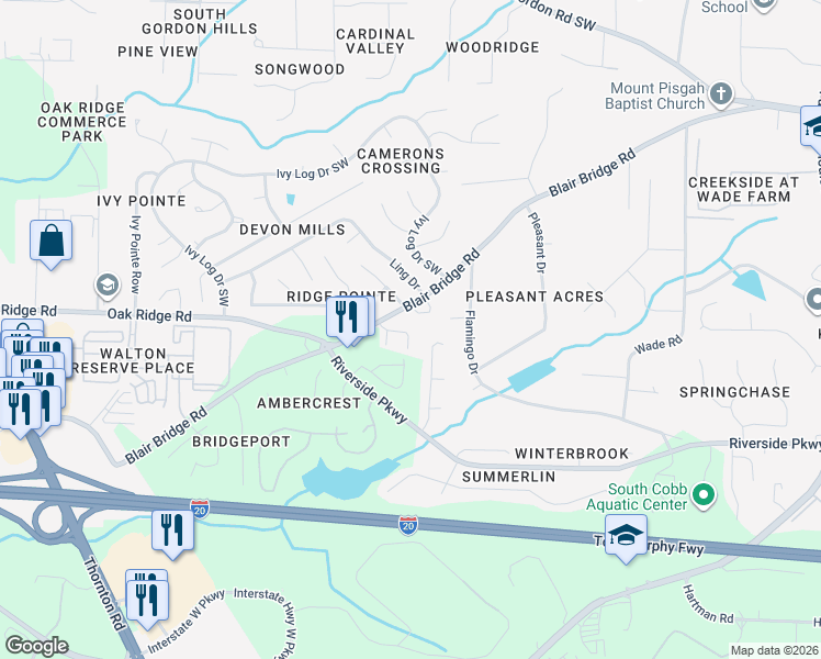 map of restaurants, bars, coffee shops, grocery stores, and more near 7077 Blairs View Drive in Austell
